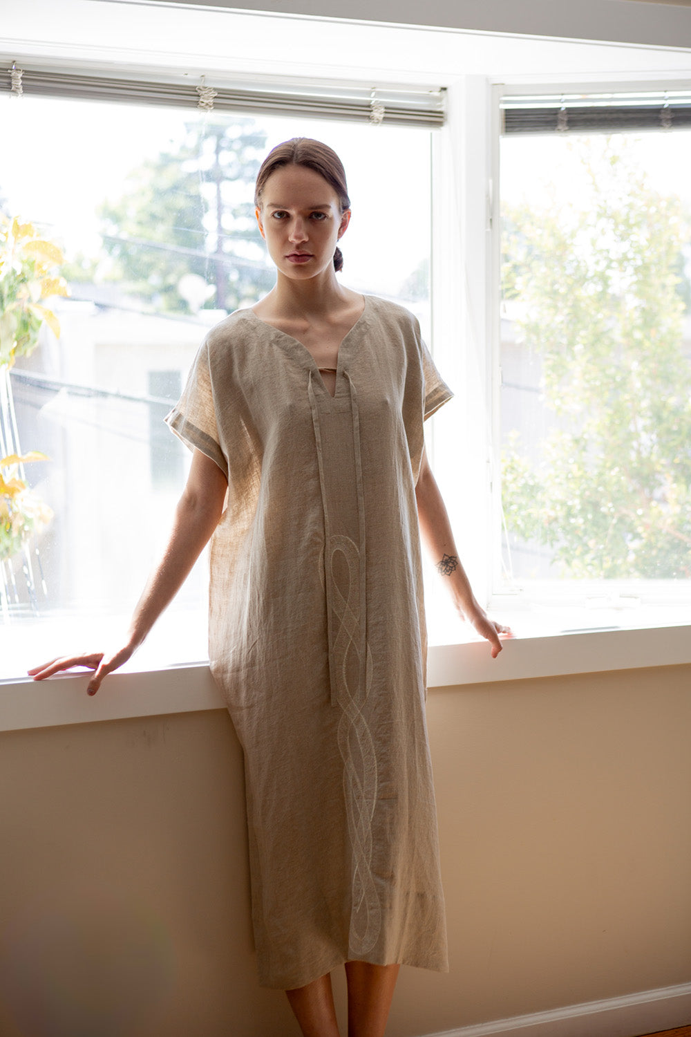 Girard Embroidered Caftan In Serpens Natual Linen