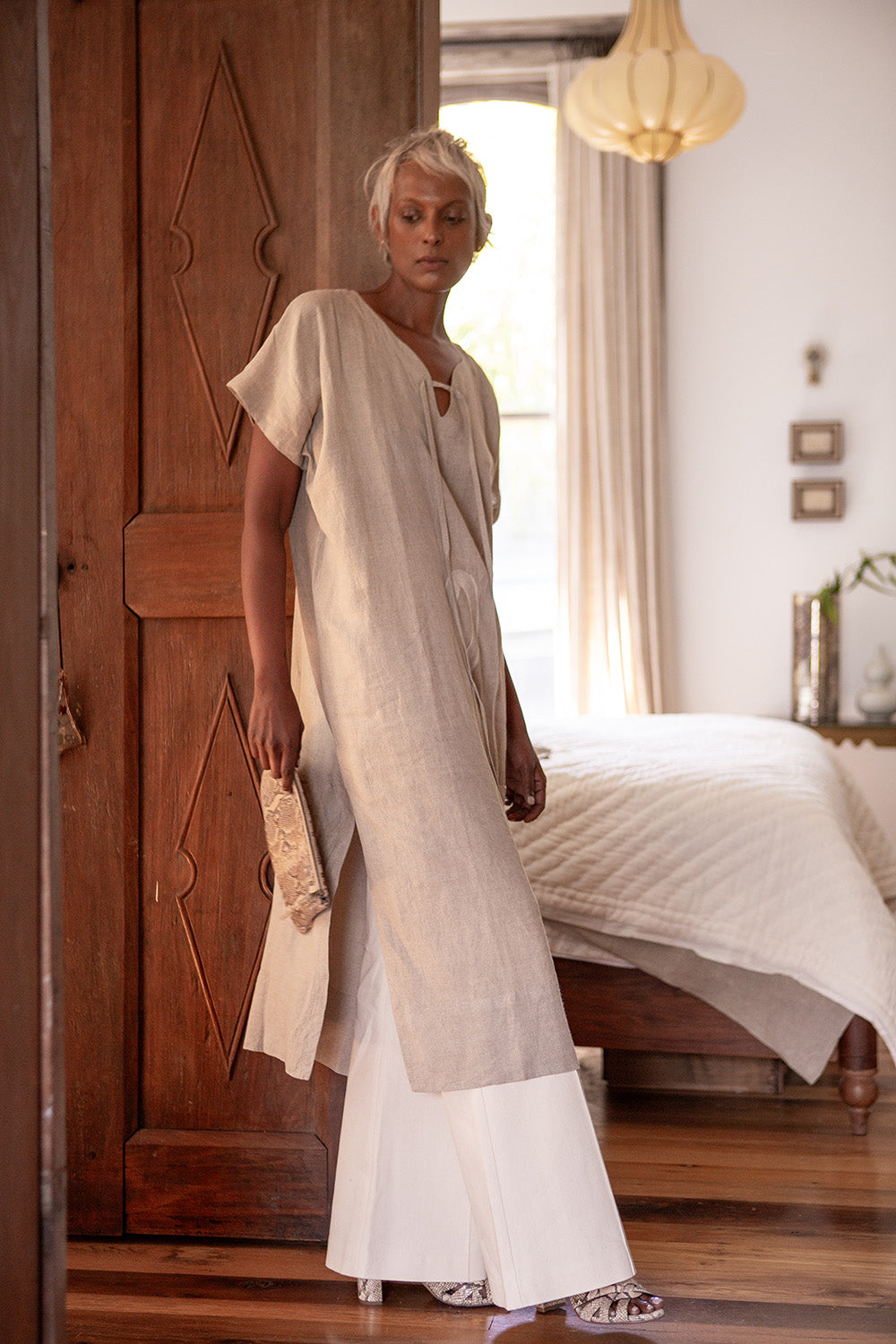 Girard Embroidered Caftan In Serpens Natural Linen