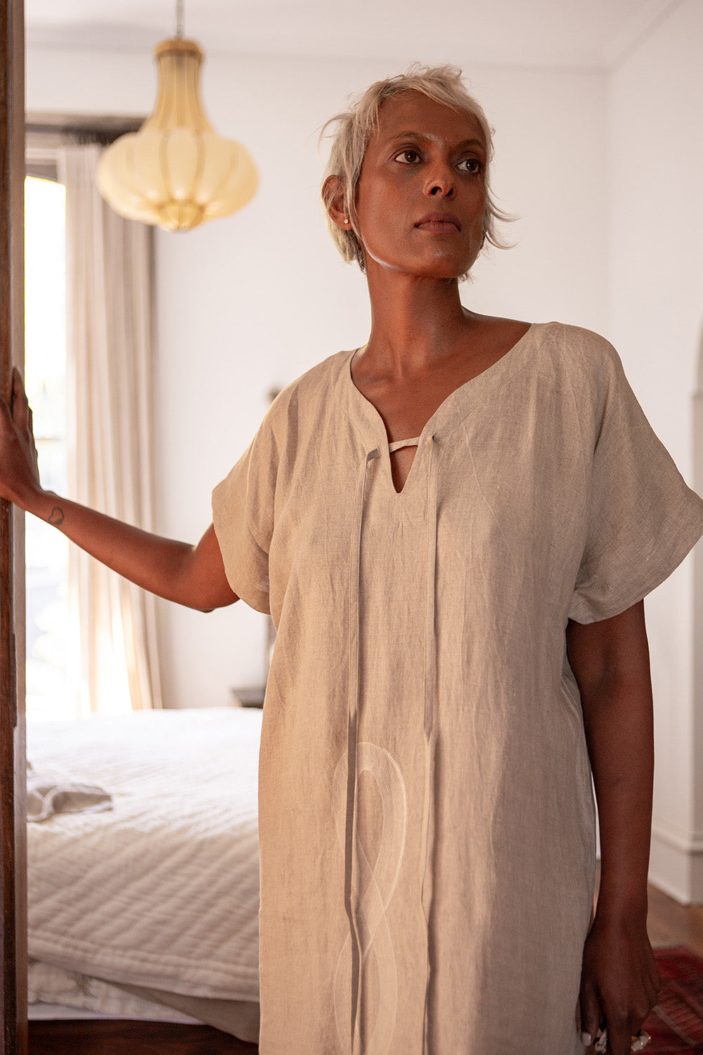 Girard Embroidered Caftan In Serpens Natural Linen