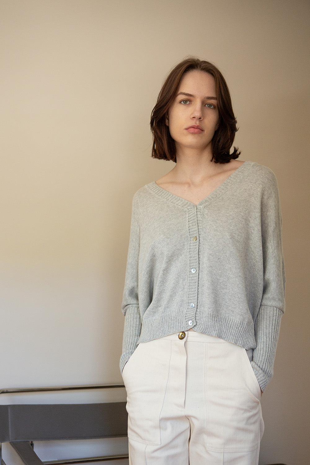 Grace Pima Cotton Cardigan in Light Grey
