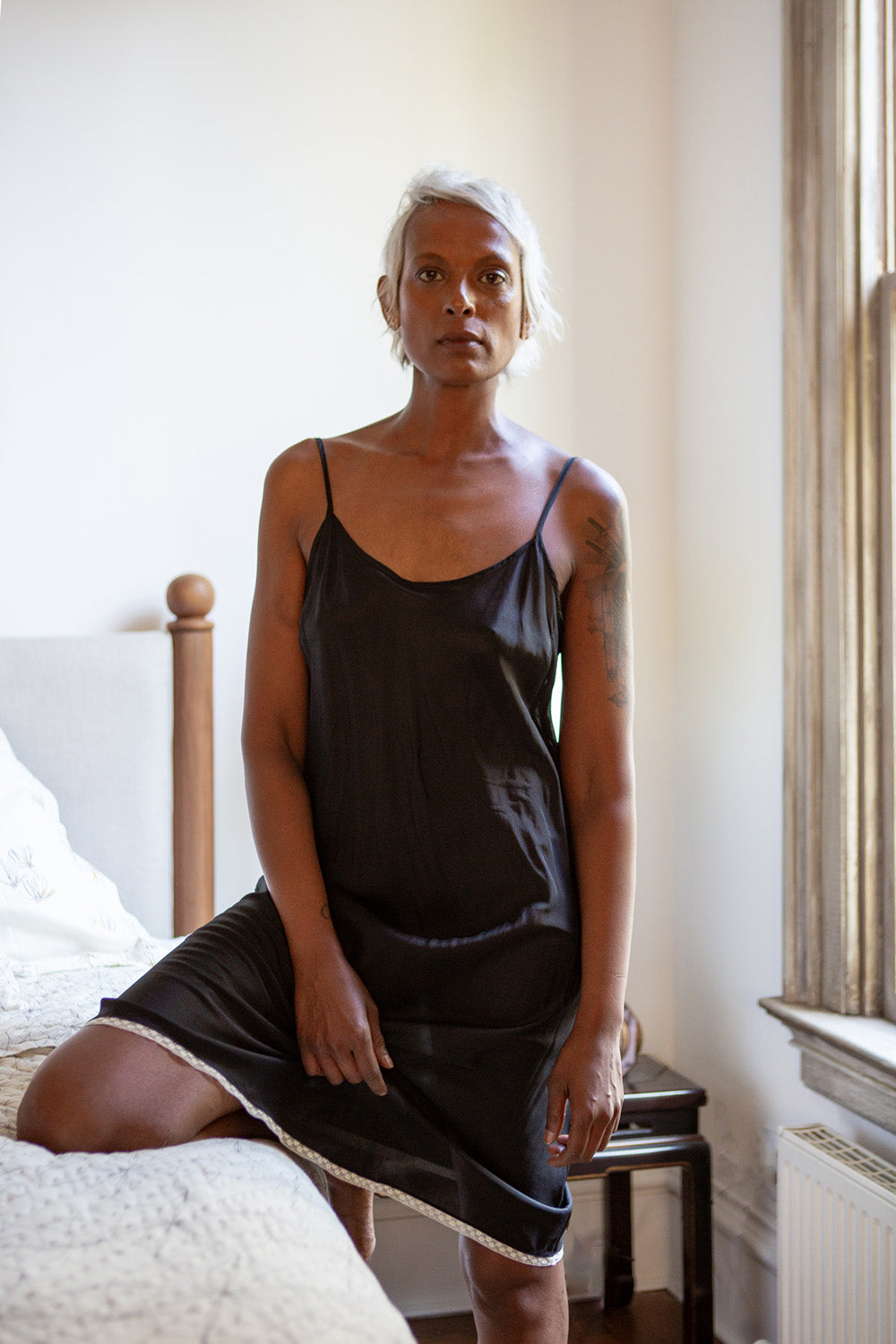 Greta Silk Slip Dress in Black/Ivory