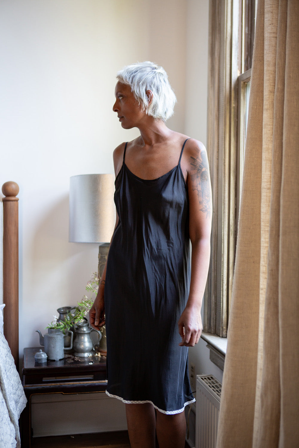 Greta Silk Slip Dress in Black/Ivory