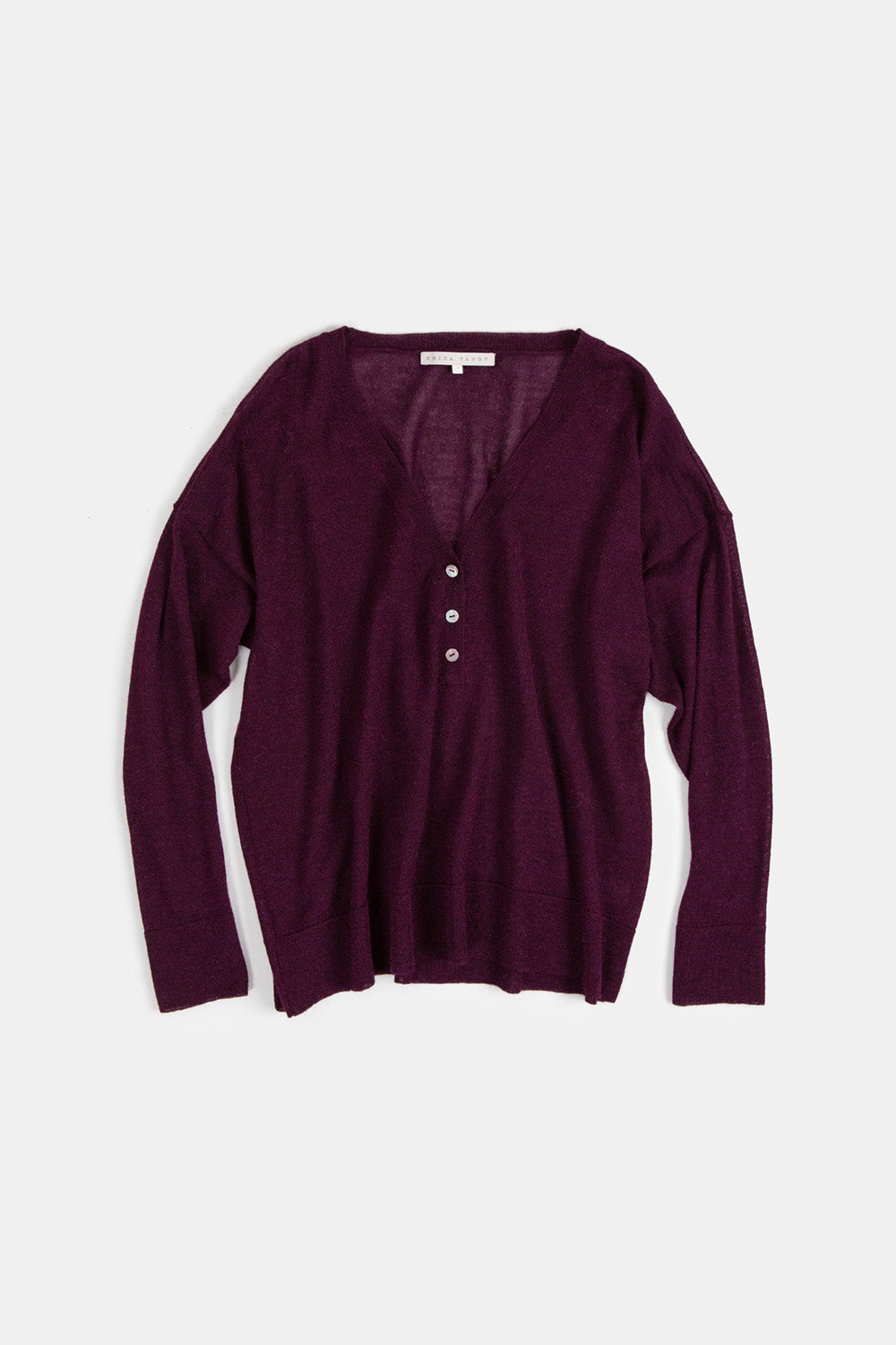 Alpaca V Neck Henley in Aubergine