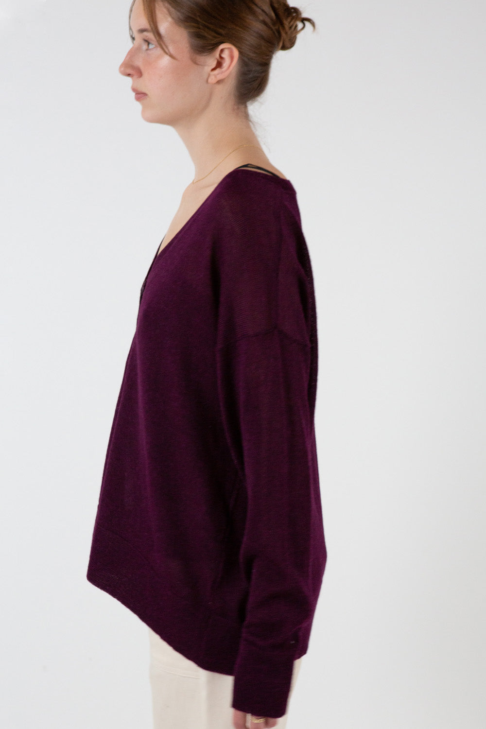 Alpaca V Neck Henley in Aubergine