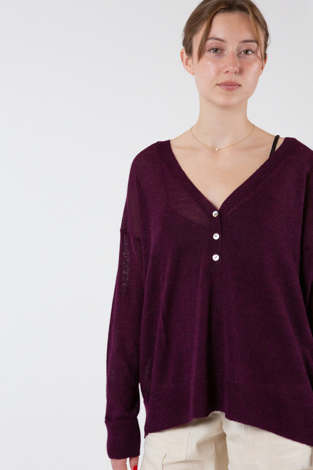 Alpaca V Neck Henley in Aubergine