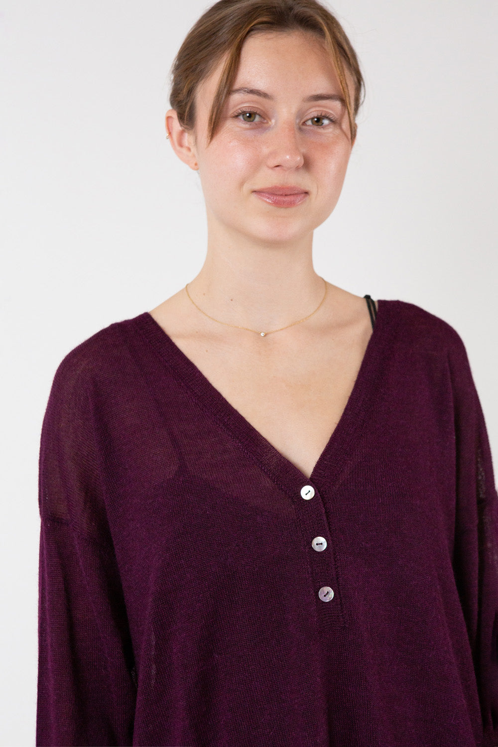 Alpaca V Neck Henley in Aubergine