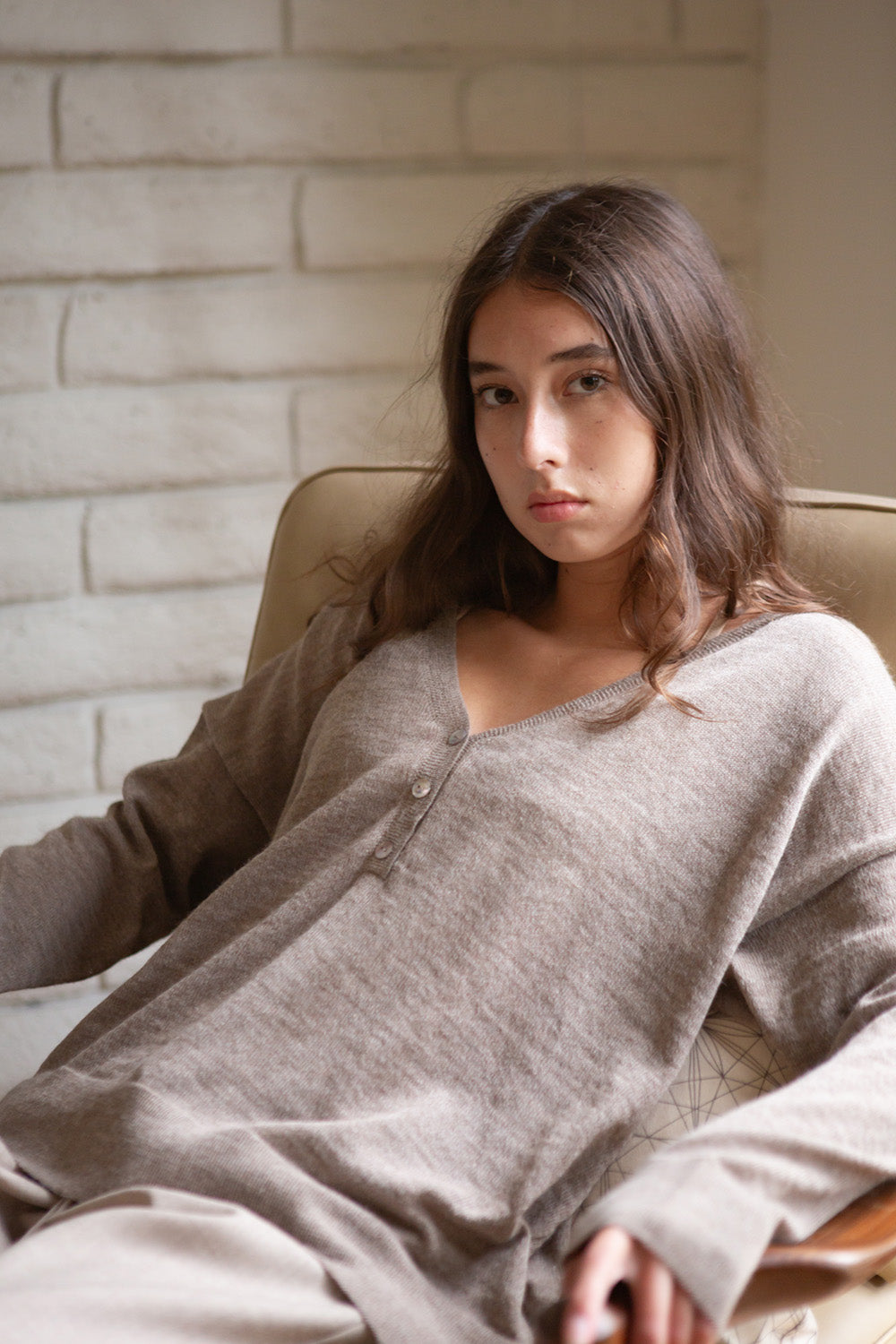 PRE-ORDER Alpaca V Neck Henley in Fawn