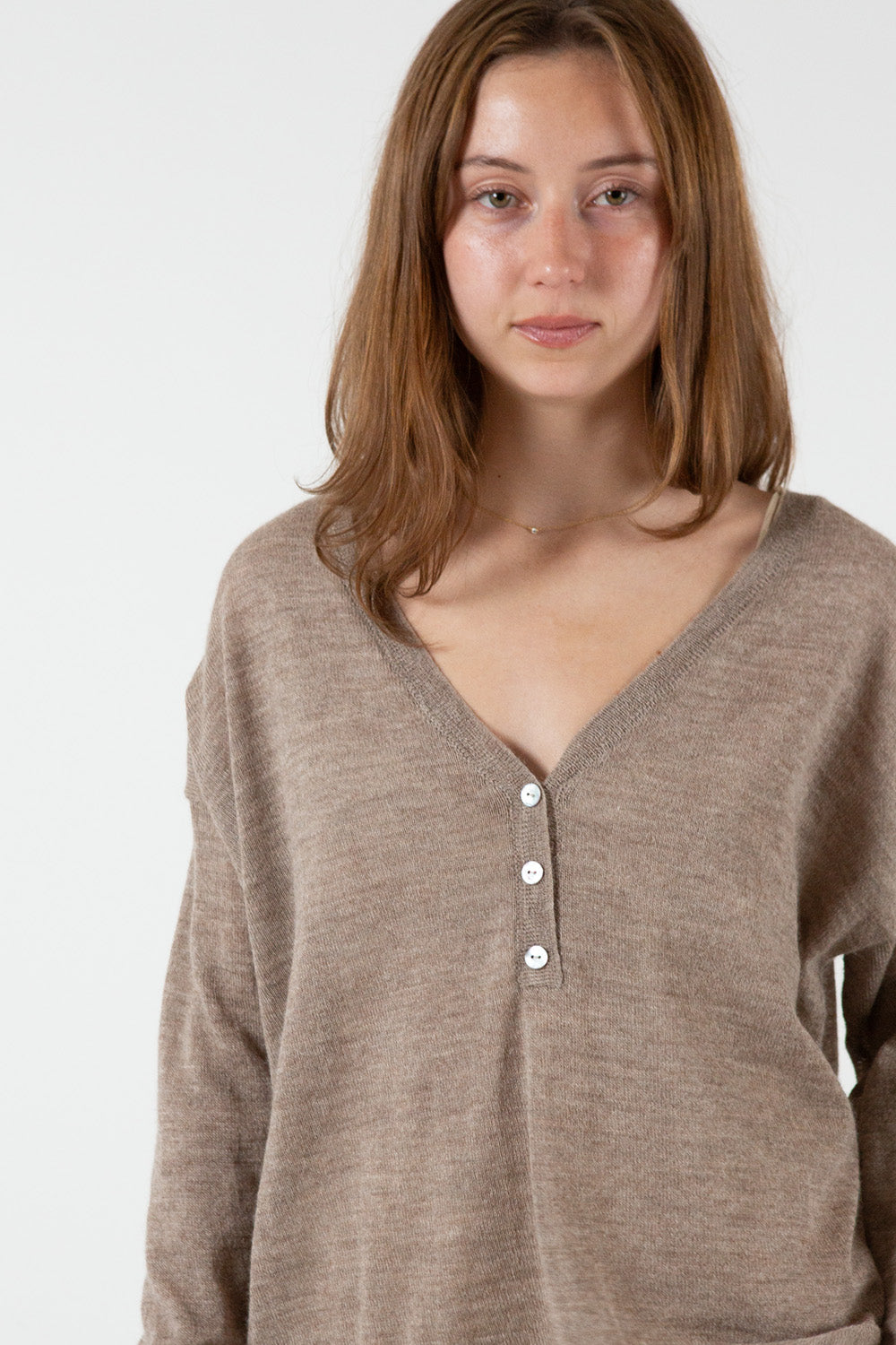 Alpaca V Neck Henley in Fawn