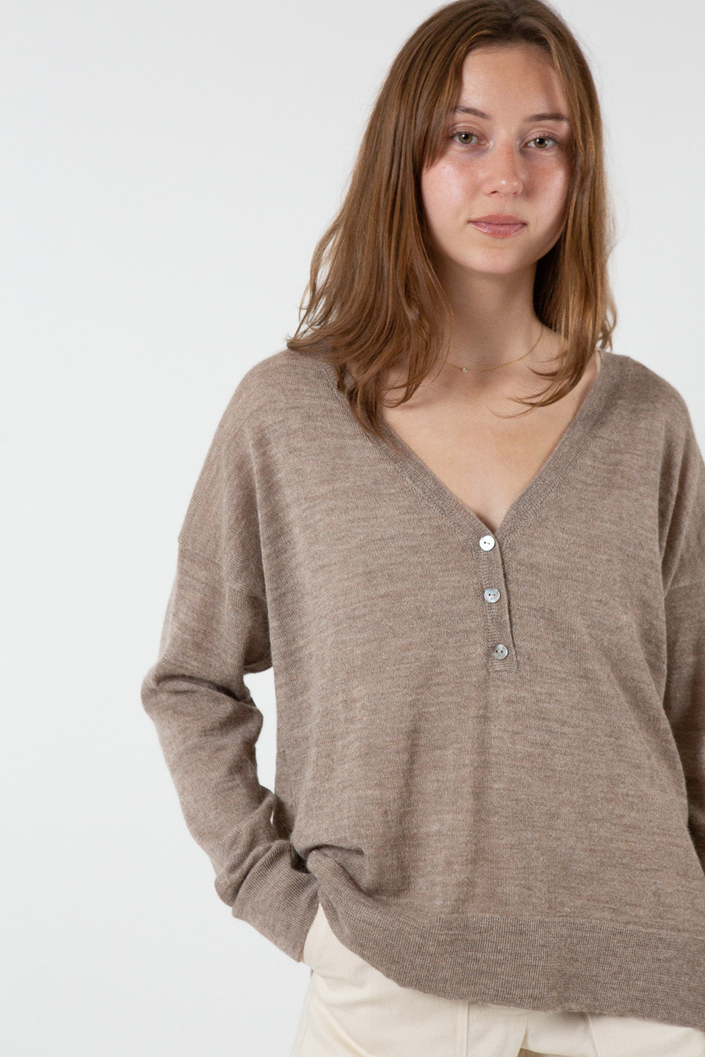 Alpaca V Neck Henley in Fawn