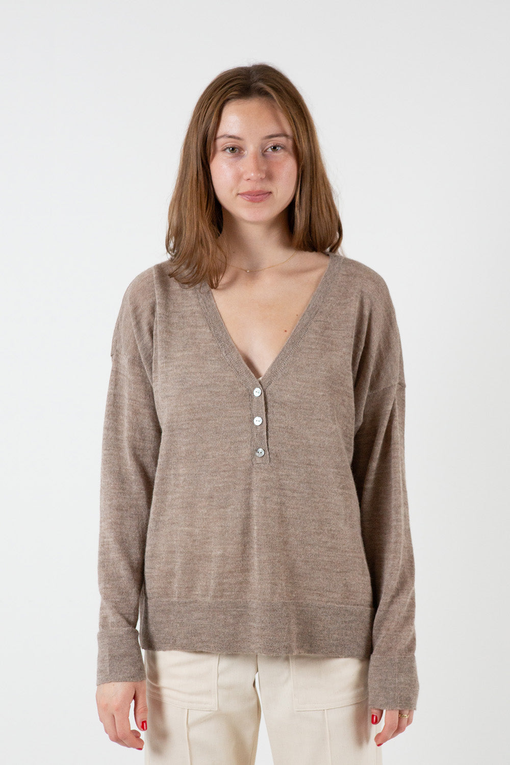 Alpaca V Neck Henley in Fawn