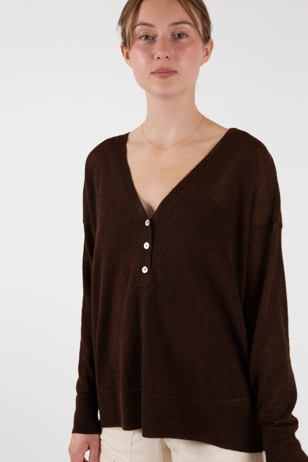 Alpaca V Neck Henley in Nocino