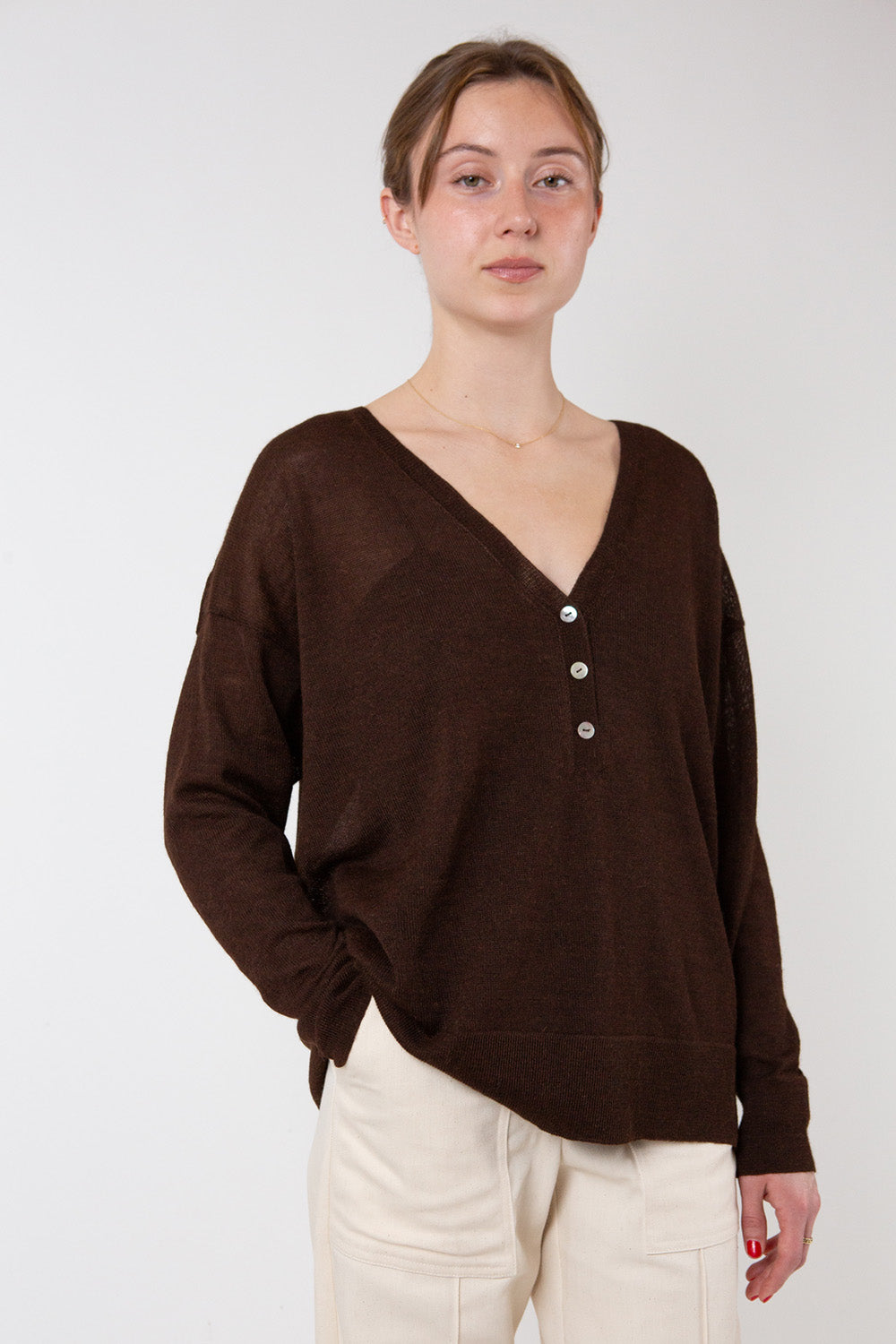 Alpaca V Neck Henley in Nocino