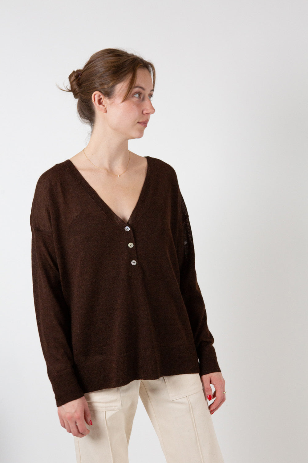 Alpaca V Neck Henley in Nocino