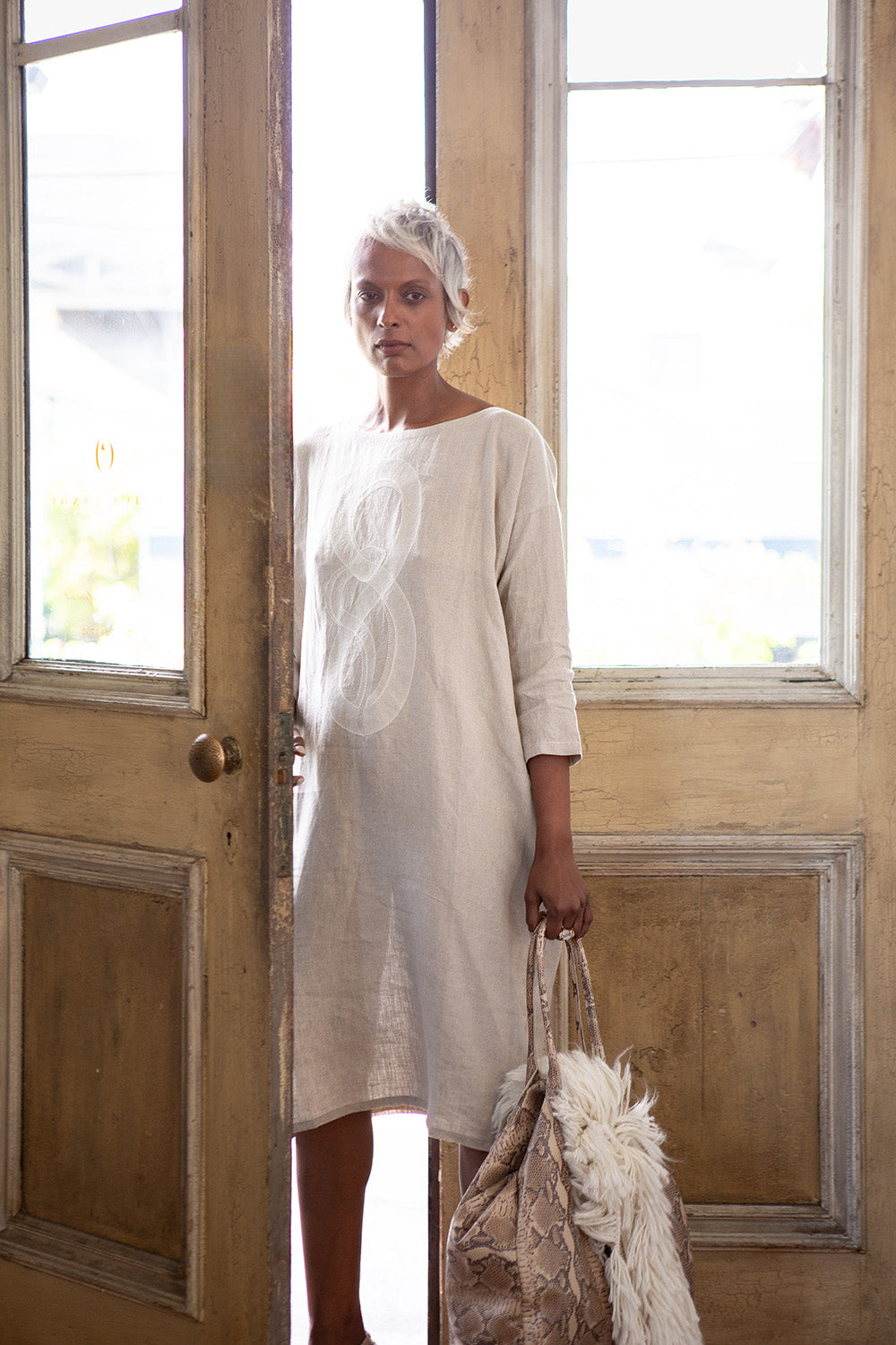 Ines Embroidered Dress In Serpens Natural Linen