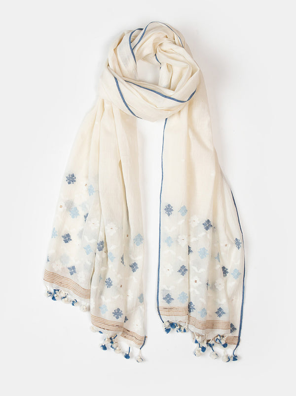 Jamdani Khadi Shawl In Chambray Flower