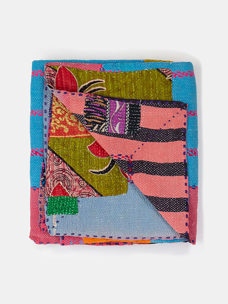 Vintage Kantha Quilt in Pink/Blue Patchwork