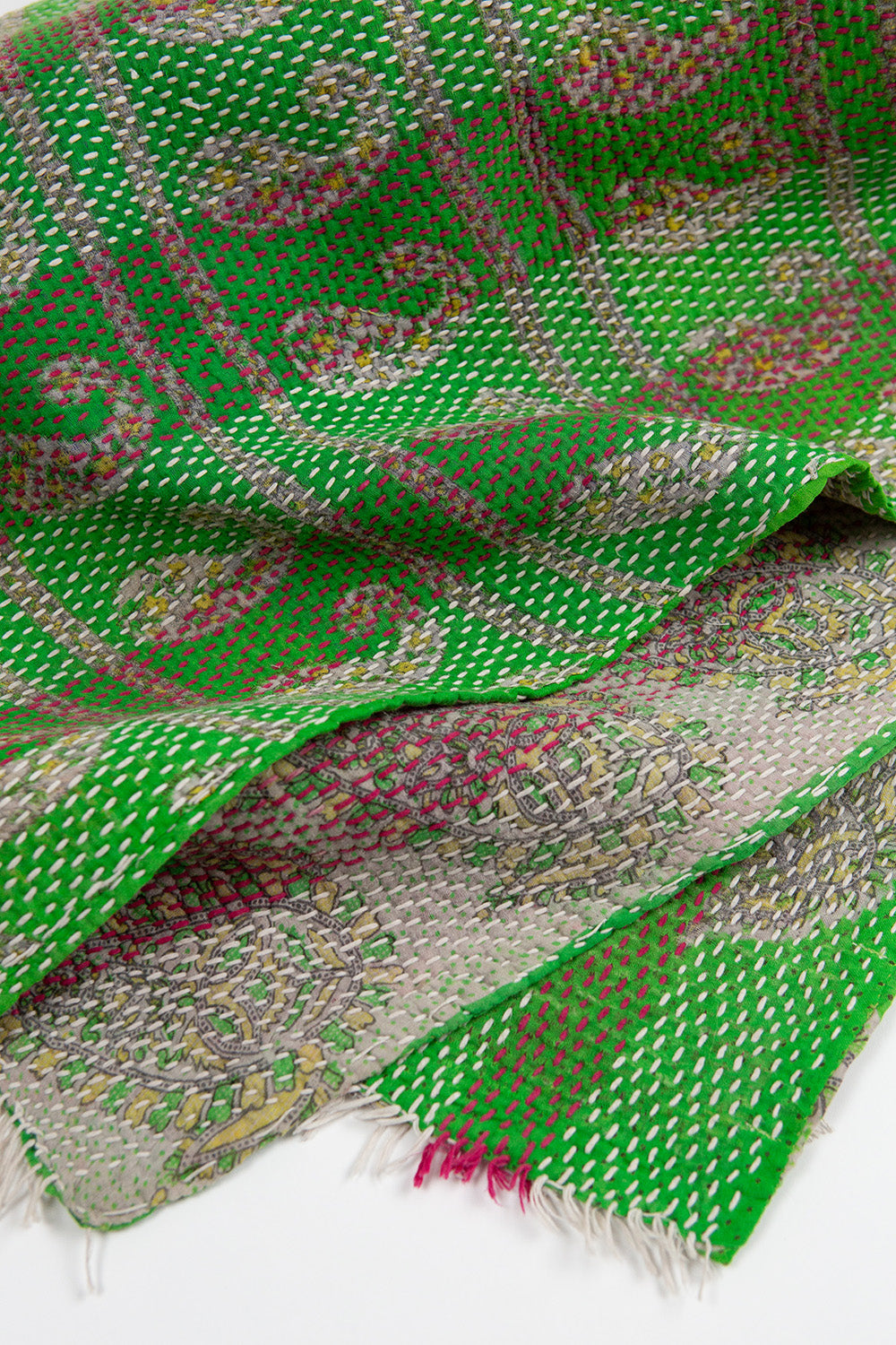 Vintage Kantha Quilt in Emerald Paisley