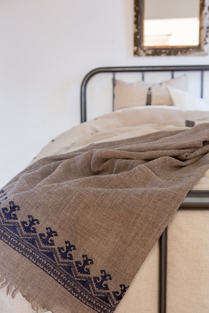 Khadi Wool Hand Embroidered Shawl in Bark