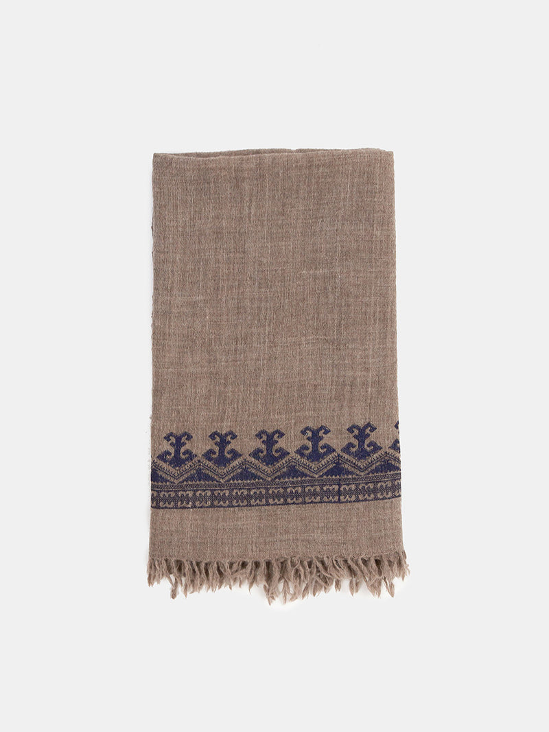 Khadi Wool Hand Embroidered Shawl in Bark