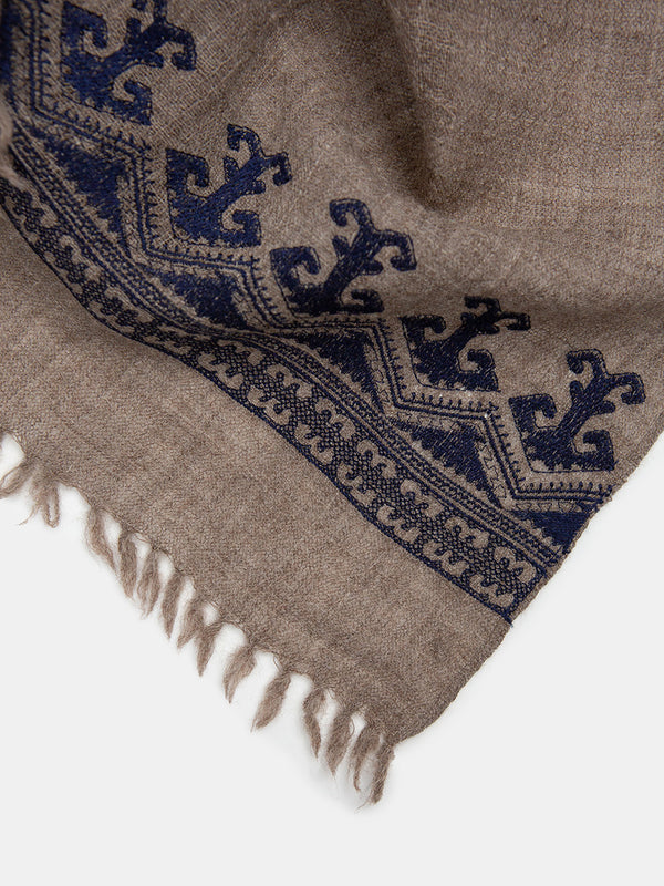 Khadi Wool Hand Embroidered Shawl in Bark