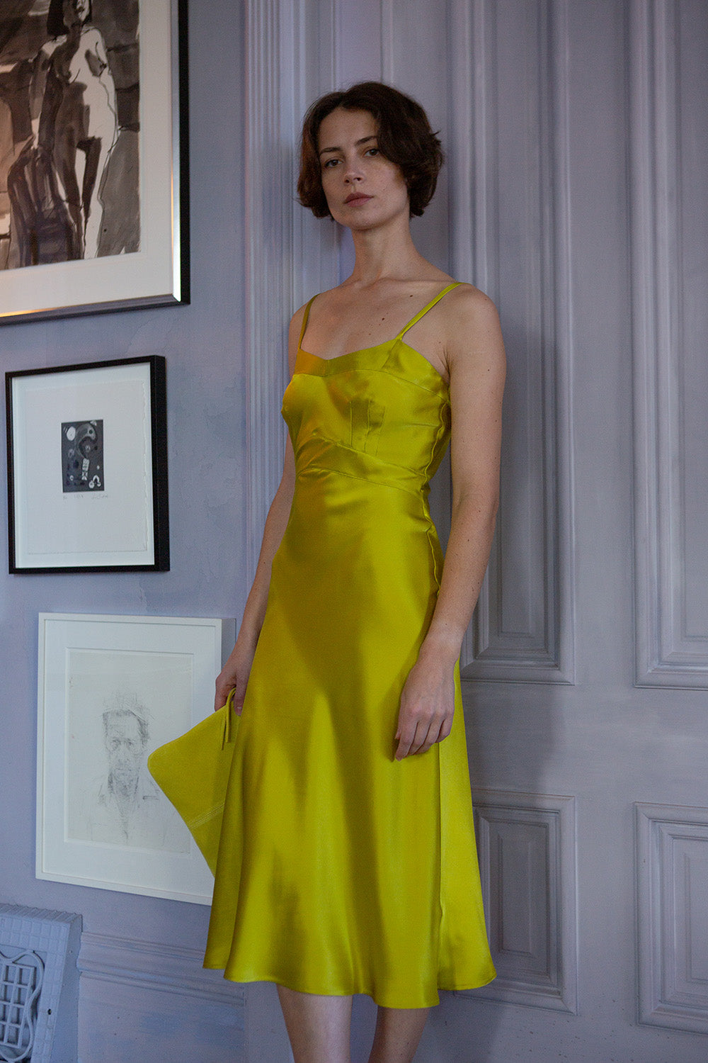 Long Lola Silk Charmeuse Dress In Chartreuse