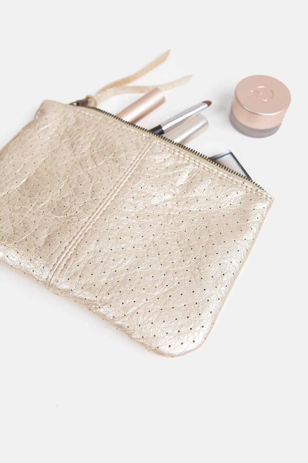 Elodie Leather Makeup Bag in Perforated Platinum