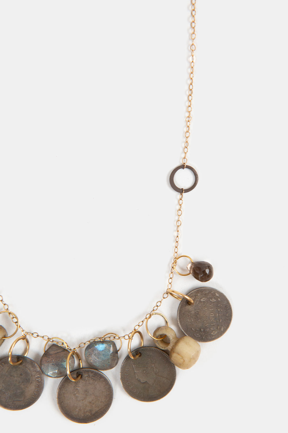 Melissa Joy Manning One-of-a-kind Gold Chain Necklace with Labradorite Drops, Antique Coins, and Bone Relics