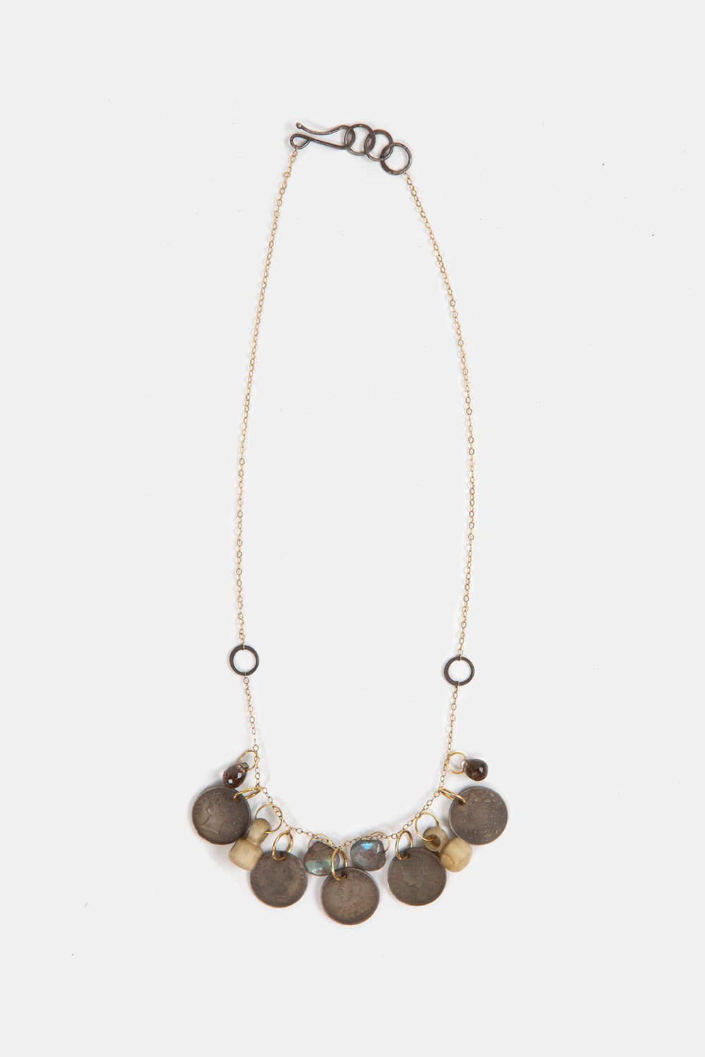 Melissa Joy Manning One-of-a-kind Gold Chain Necklace with Labradorite Drops, Antique Coins, and Bone Relics