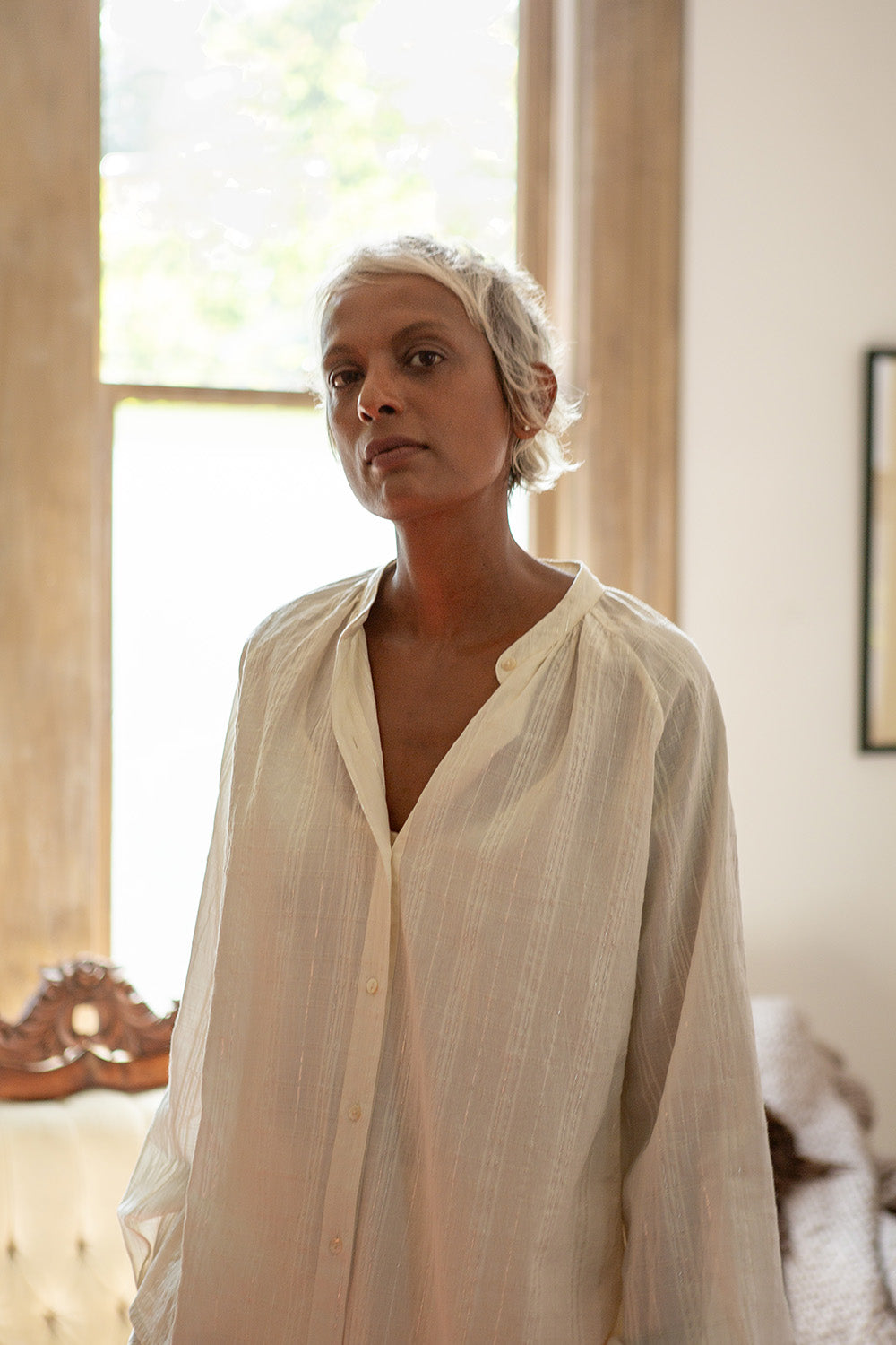 Mona Cotton Blouse in Ivory Metallic Windowpane