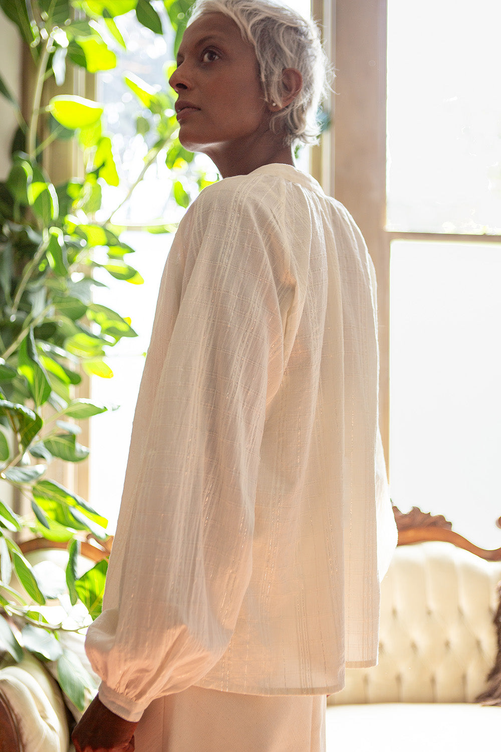 Mona Cotton Blouse in Ivory Metallic Windowpane