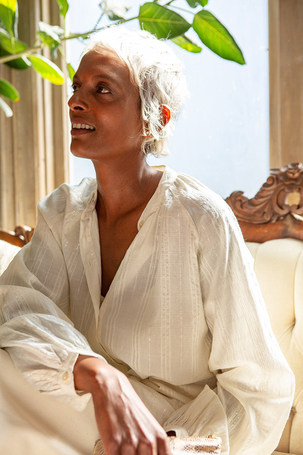 Mona Cotton Blouse in Ivory Metallic Windowpane