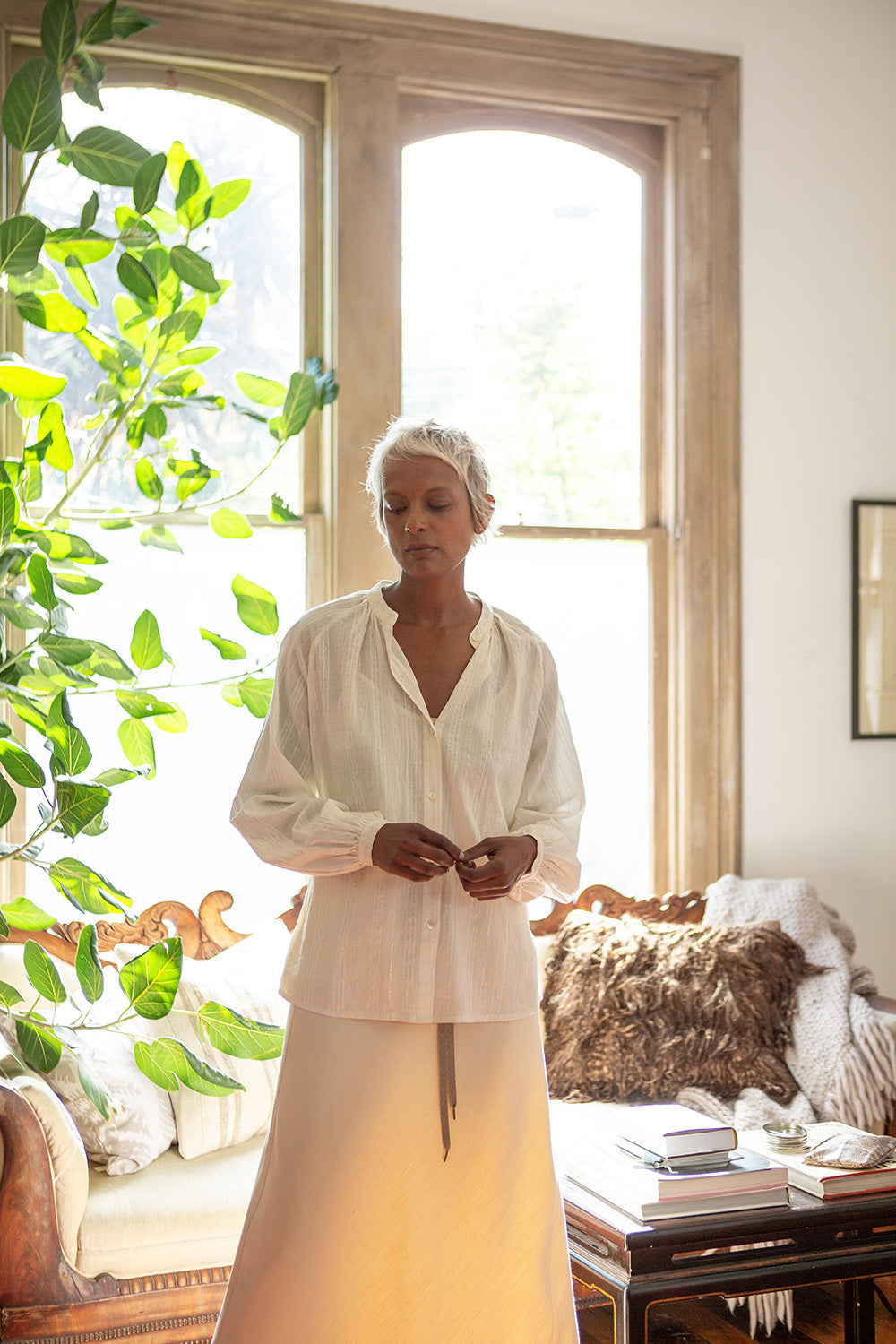 Mona Cotton Blouse in Ivory Metallic Windowpane
