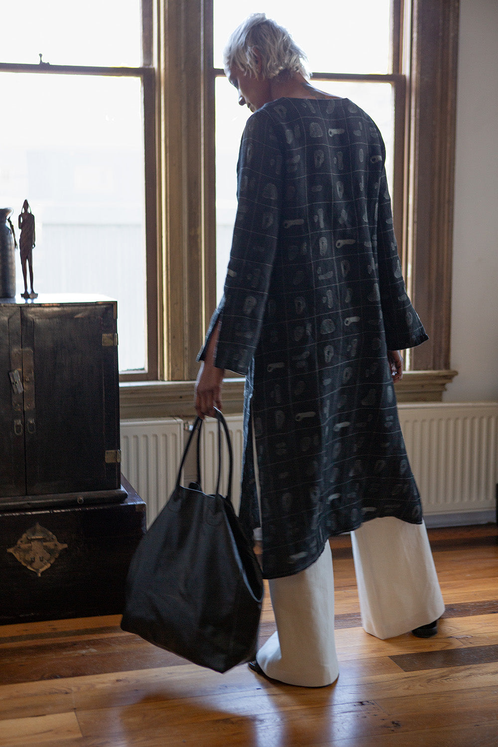Nava Linen Caftan in Black Line Embroidery
