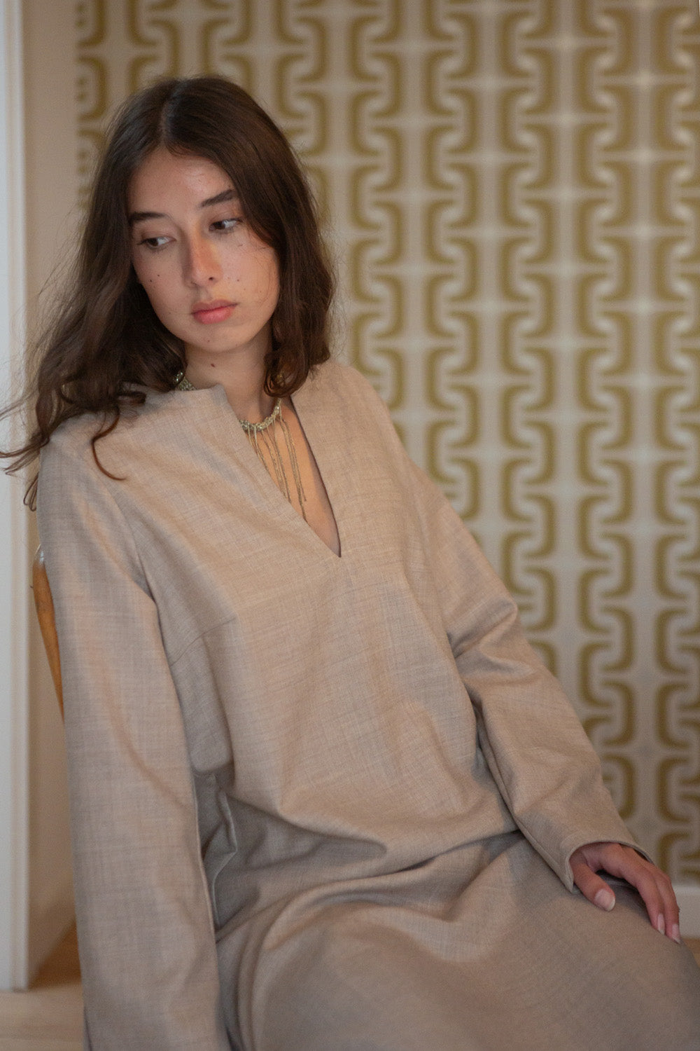 Nava Wool Caftan in Limestone