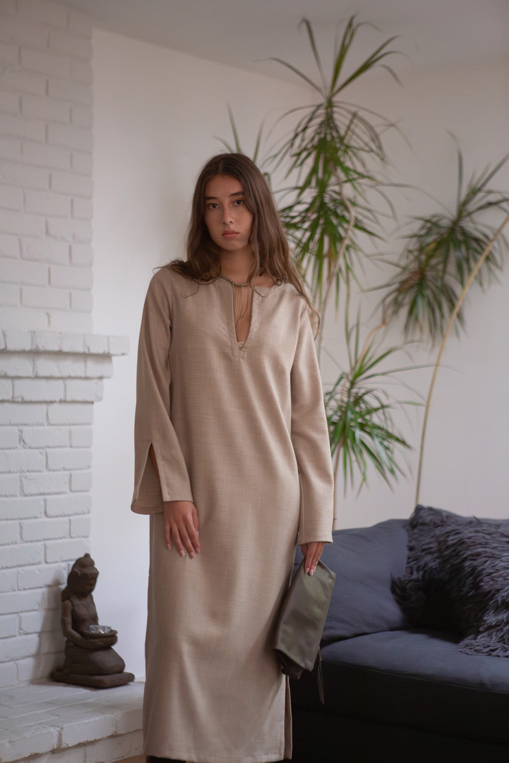 Nava Wool Caftan in Limestone