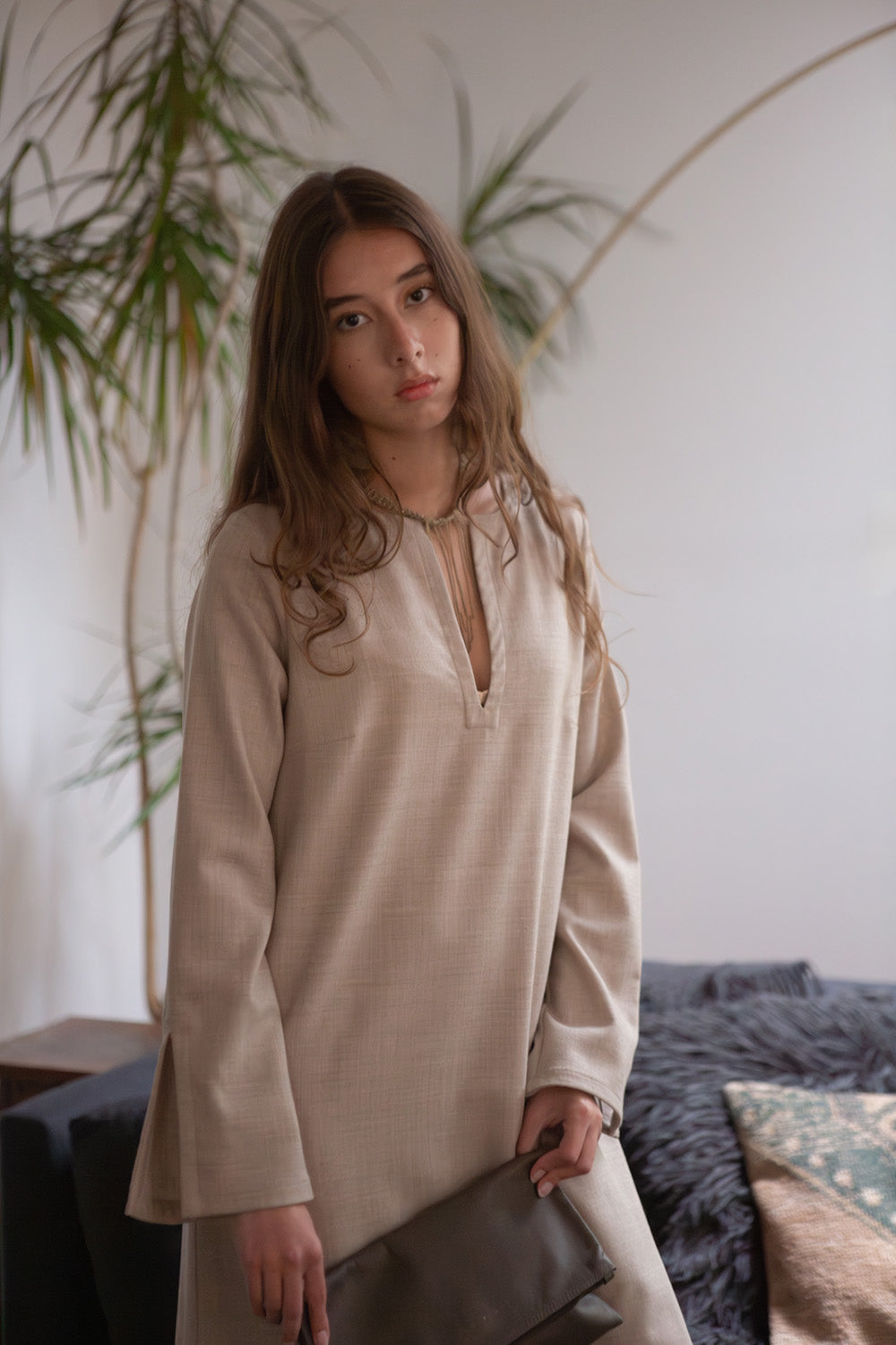 Nava Wool Caftan in Limestone