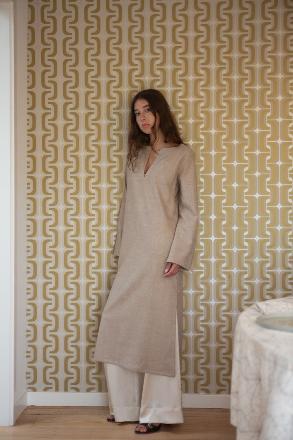 Nava Wool Caftan in Limestone