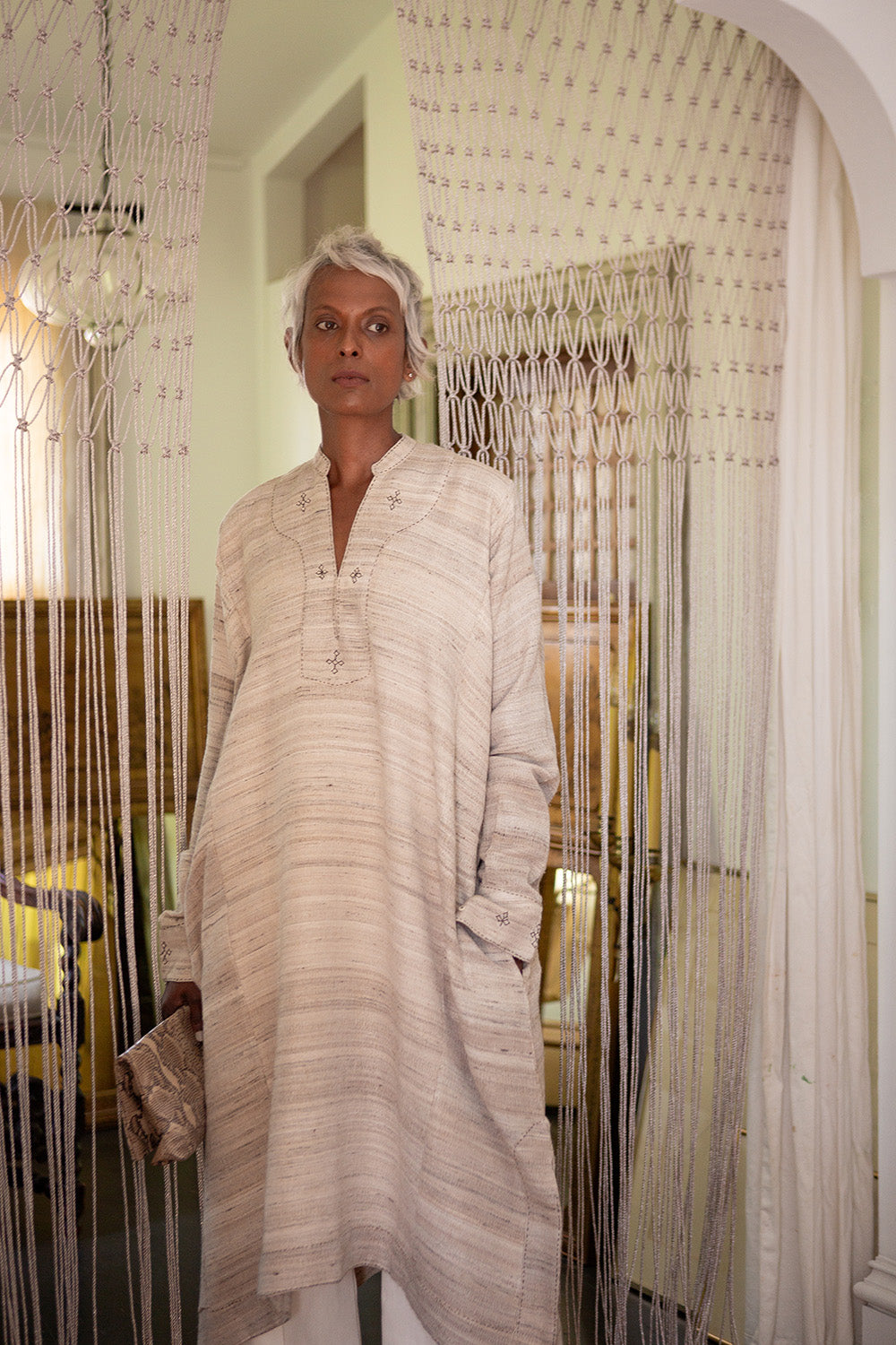 Rekha Silk Linen Embroidered Dress in Sandstone