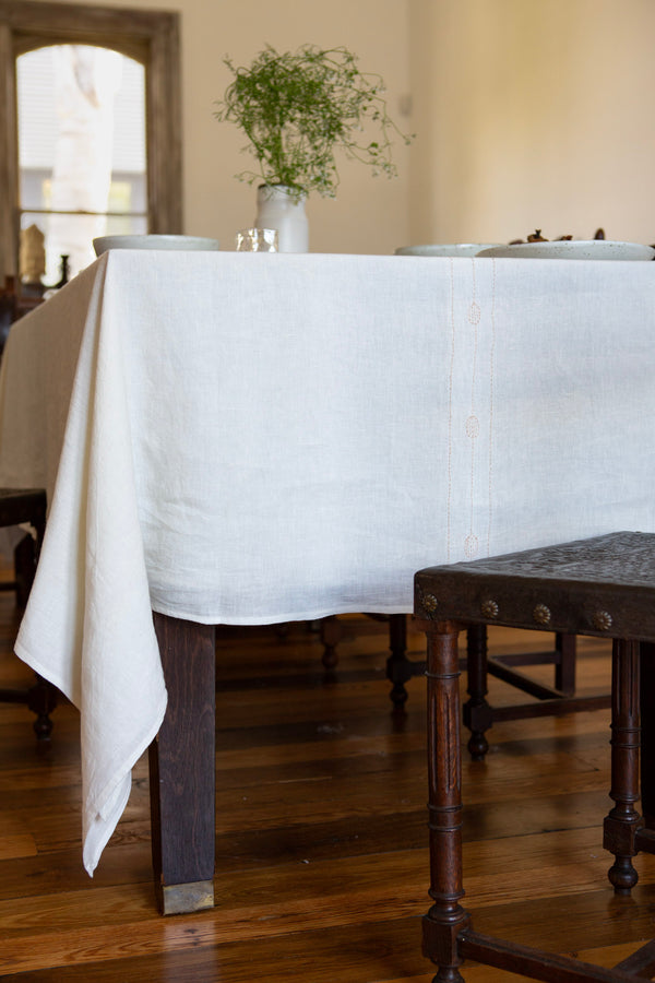 Totem Tablecloth in Hand-embroidered Soft White Linen