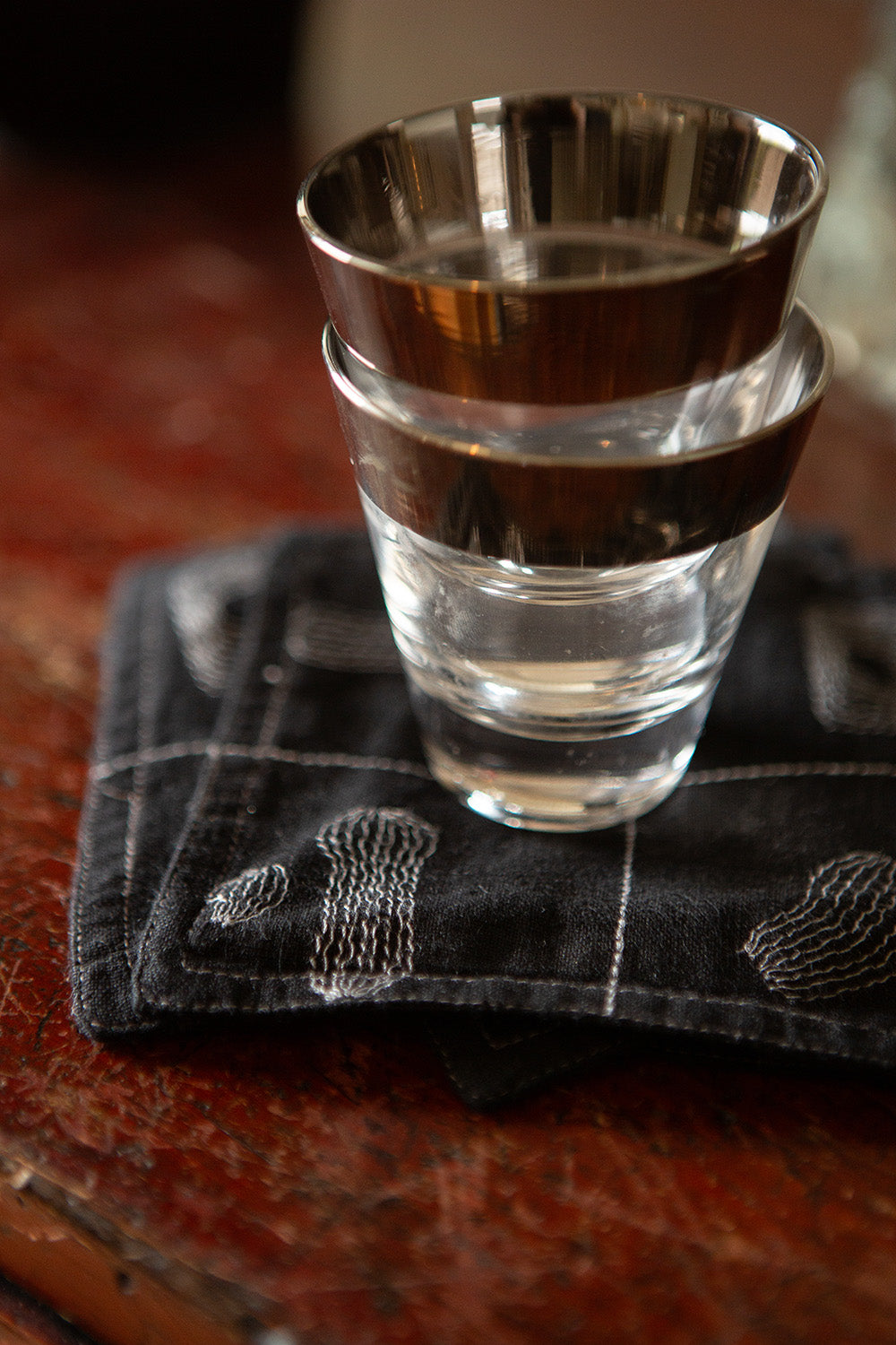 Set of 4 Linen Coasters In Black Line Embroidery