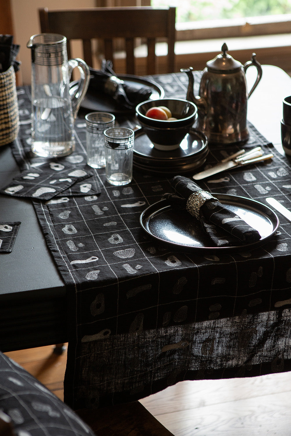Linen Table Runner In Black Line Embroidery