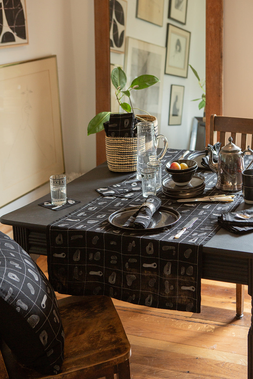 Linen Table Runner In Black Line Embroidery
