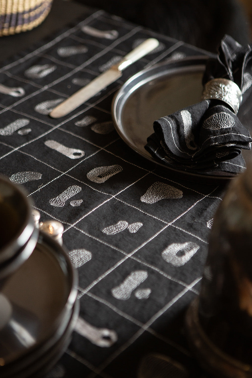Linen Table Runner In Black Line Embroidery