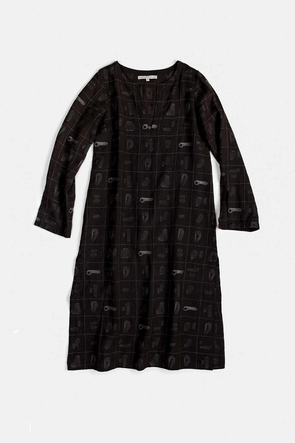 Nava Linen Caftan in Black Line Embroidery