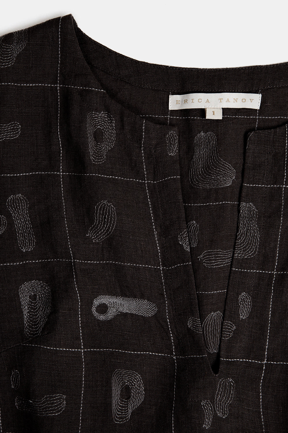 Diego Linen Top in Black Line Embroidery