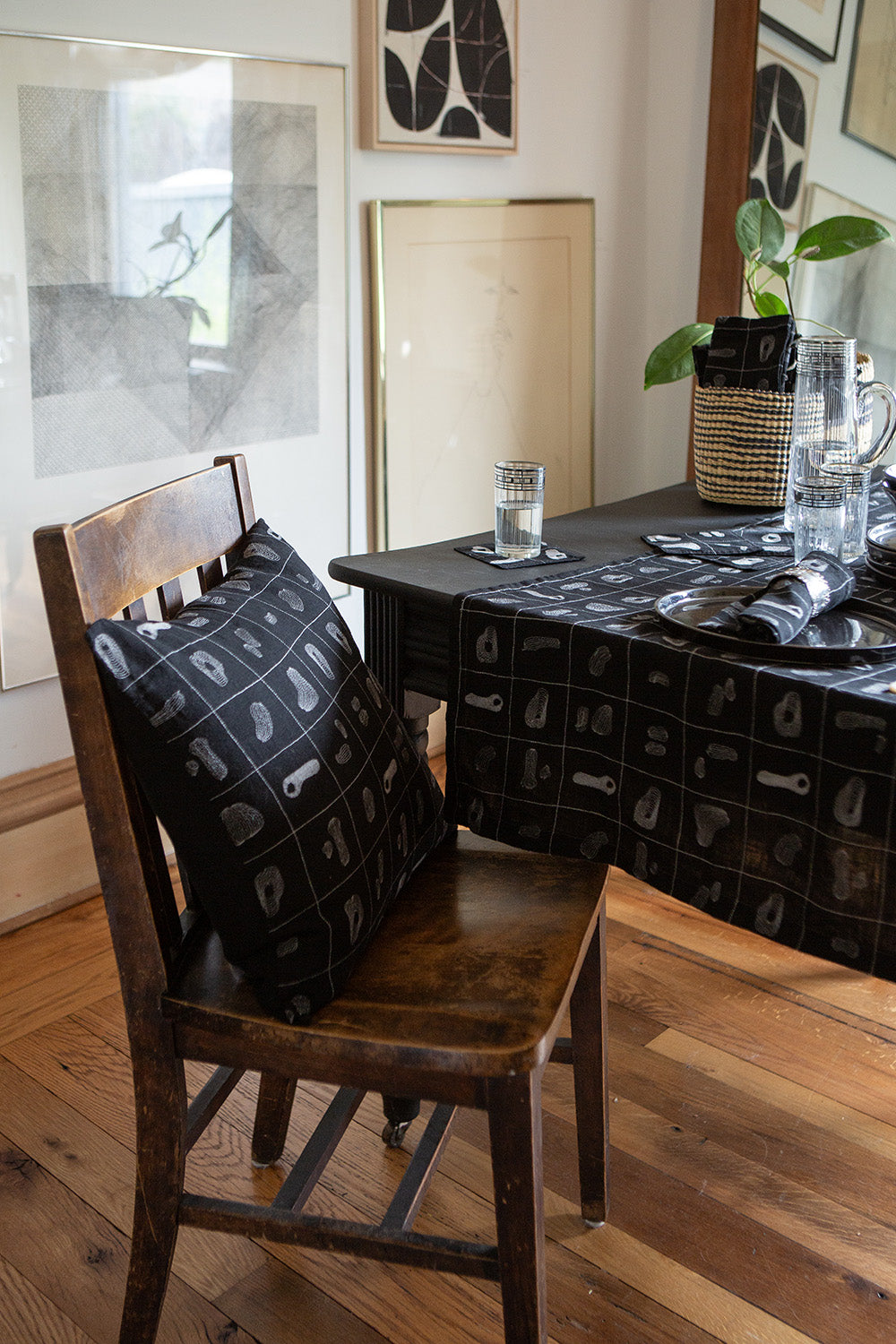 Linen Throw Pillow In Black Line Embroidery