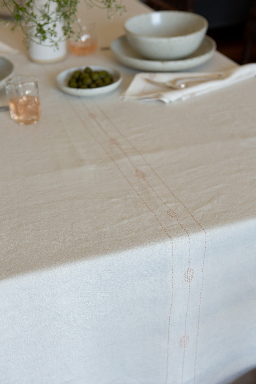 Totem Tablecloth in Hand-embroidered Soft White Linen