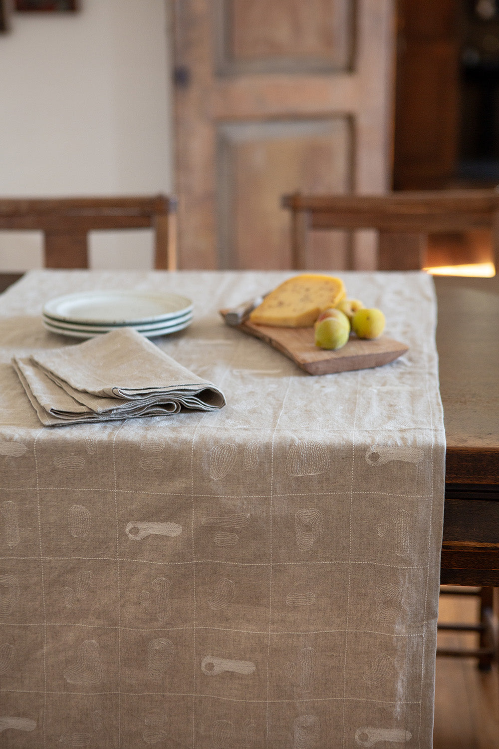 Linen Table Runner In Natural Line Embroidery
