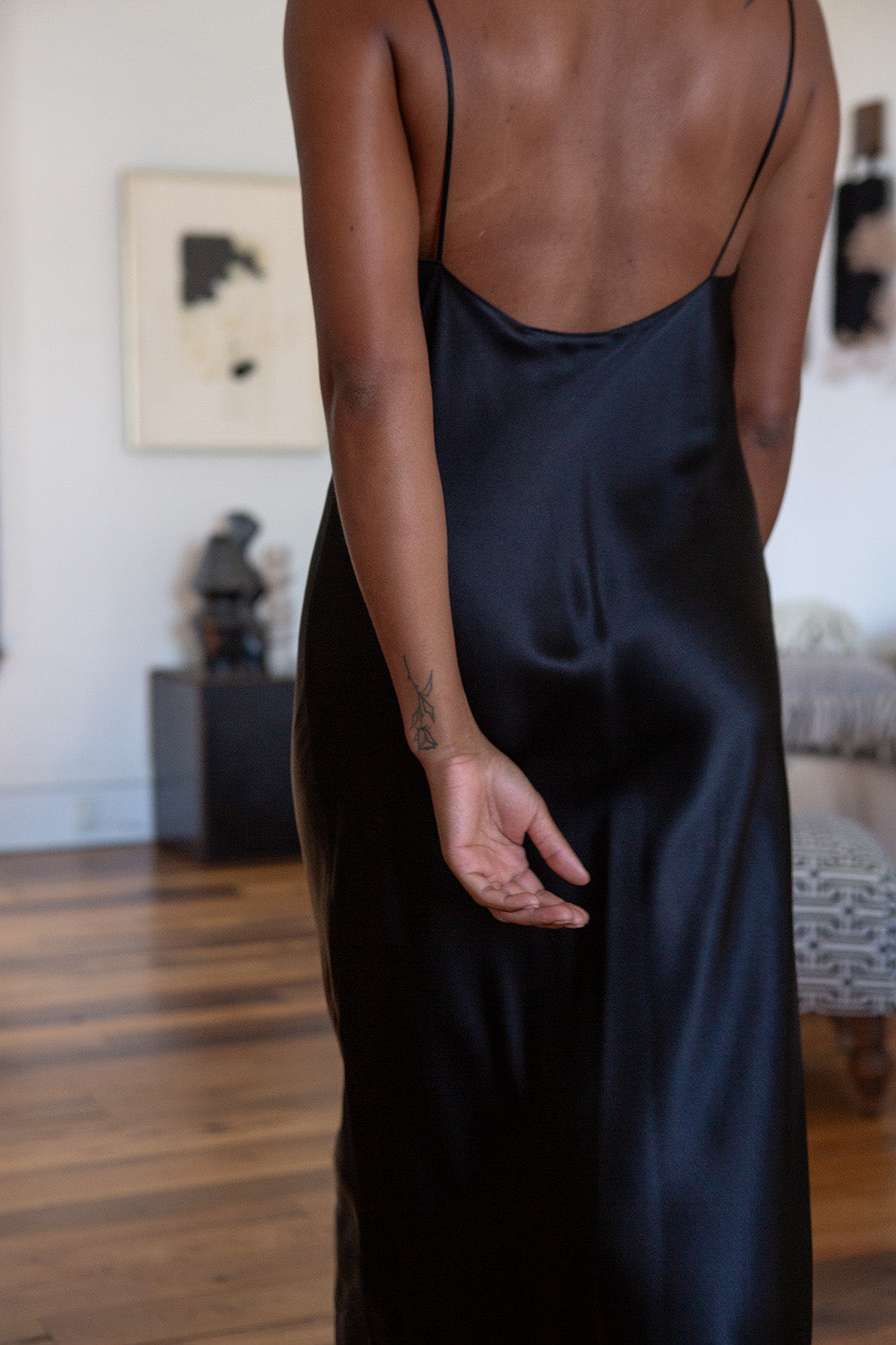 black silk cocktail dress Caroline Midi Slip Dress - Black Silk Charmeuse