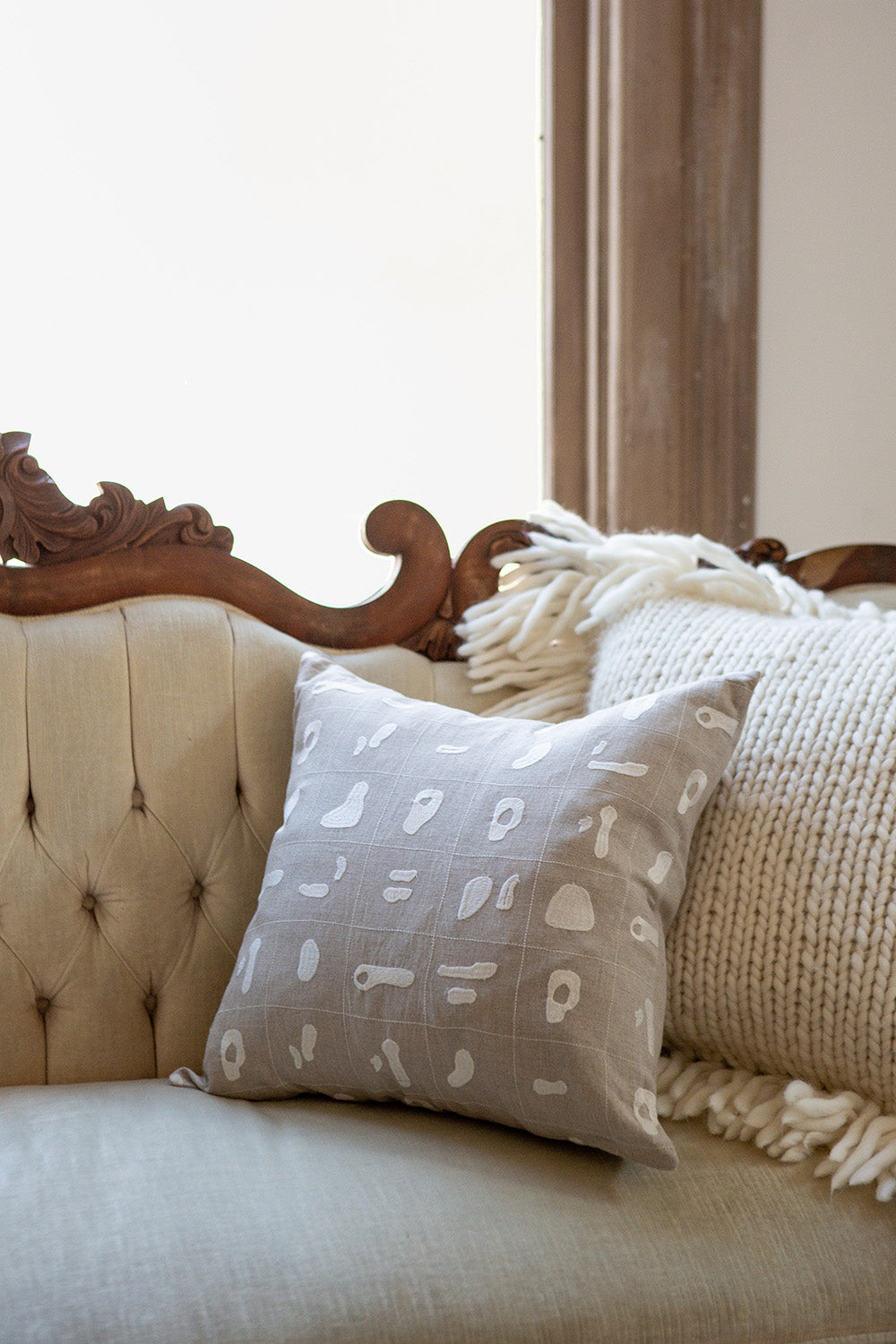 Linen Throw Pillow In Natural Solid Embroidery